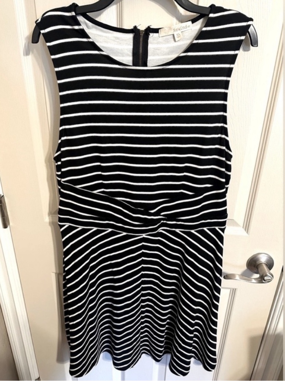 Rewind Striped Sleeveless Round Neck Midi Dress, Black & White, Size XL